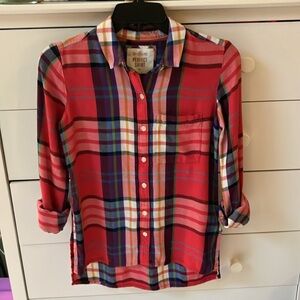 🍂 SO SIZE XS RED PLAID FLANNEL BUTTON DOWN SHIRT